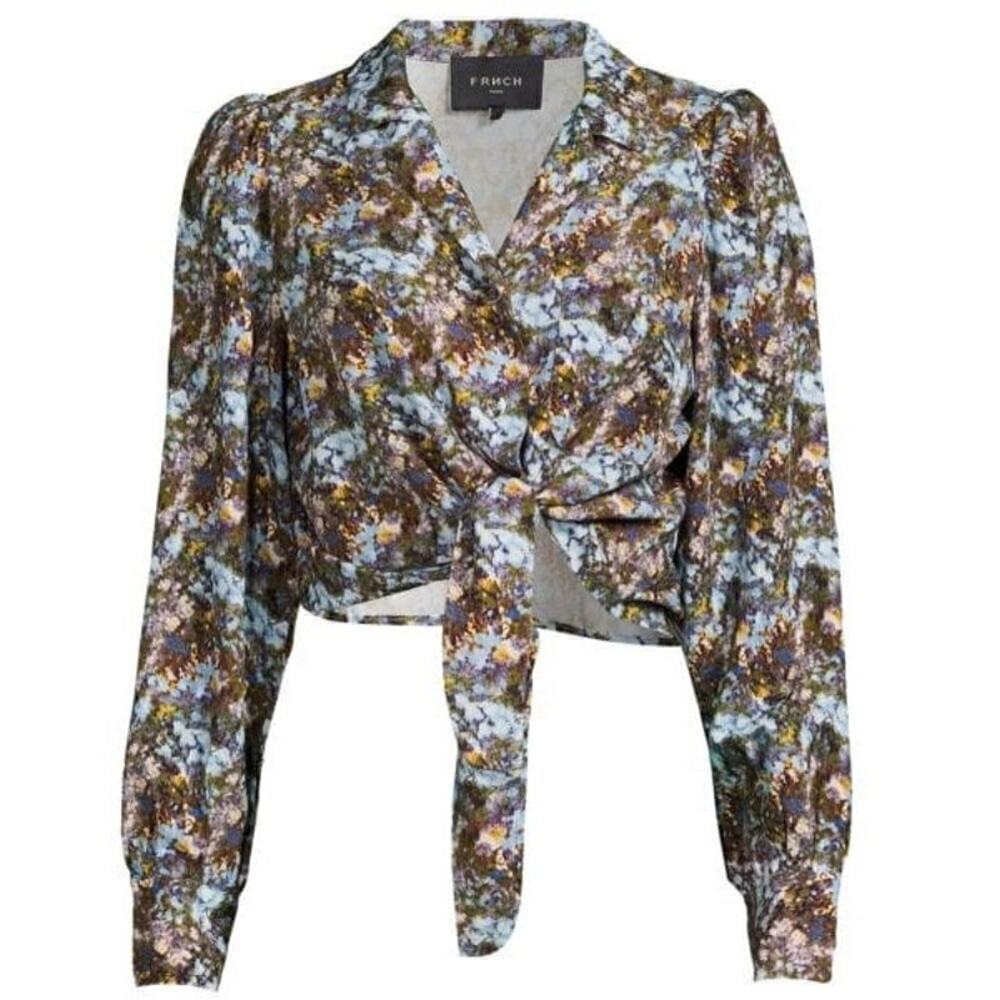 Frnch Sheila Print Floral Linen Blend Long Sleeve Tie Front Cropped Shirt (L)